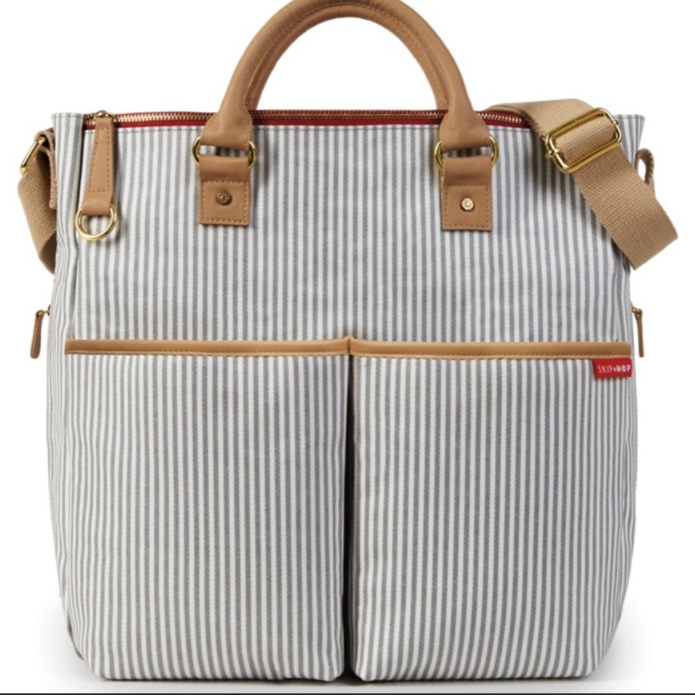 Skip Hop grey striped diaper bag